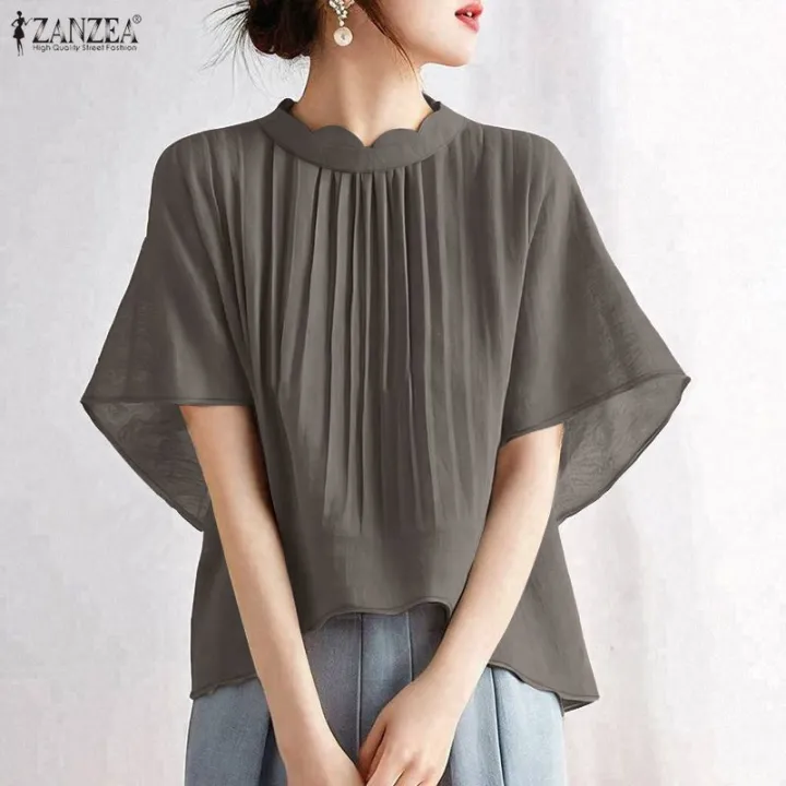 ZANZEA%20Korean%20Style%20Women%20Summer%20Solid%20Color%20Pleated%20High-Low%20Blouses%20Stand%20Collar%20Raglan%20Sleeve%20Tops%20#0929%20-%20Image%203
