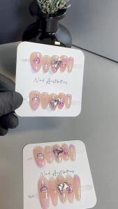 【HANDMADE+Free Glue】Real Photos Press on Nails Pink French Labubu with diamond almond nails Phototherapy Fake Nail Patch Artificial Nail Reusable