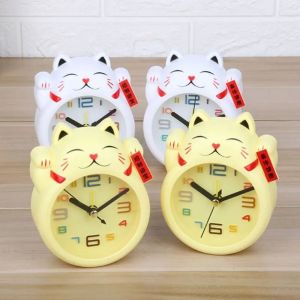 OKDEALS01 White Lucky Cat Alarm Clock Creative Cartoon Table Clock Feng Shui Figure Clock Chinese Kids Alarm Clock Nursery Room