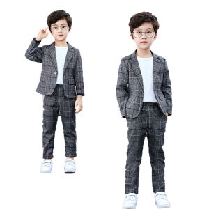 lontakids 2Pcs (Blazer + Quần)/3Pcs (Blazer + Quần + Trắng T-Shirt) chàng Trai Quý Ông Kẻ Sọc Phù Hợp Với Trẻ Em Màu Xám Trang Phục Chính Thức Mặc Trẻ Em Quần Áo T-Shirt Quần Áo Đảng Bộ Cho 3-11 Năm