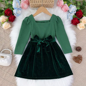 Bear Leader Korean Version Pit Strip Patchwork Christmas Princess Dress Spring Autumn Long Sleeve Bright New Year Girl Clothes