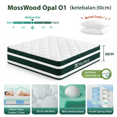 MossWood Opal O1 Kasur Sistem Pegas Cerdas 5 Zona busa spons Pocket Spring 30cm lantai matras anti lembab Free bantal