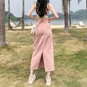 Chân Váy Denim Chữ a Lưng Cao Xẻ Tà Màu Hồng Thời Trang Mùa Hè Hàng Mới 2023 Dành Cho Bạn Nữ#X0605