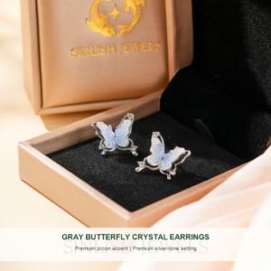 SINLISH Korean Trendy Gray Butterfly Earrings Gradient Crystal with Sparkling Zircon Elegant Gift for Women & Girls