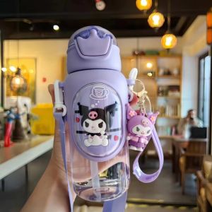 Sanrio Kuromi 600ml Leakproof Water Bottle with Adjustable Strap and Silicone Straw - BPA Free Portable for School & Office