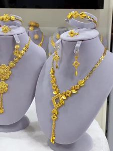 【品质精选】2023迪拜24k镀金花朵镂空首饰套装项链耳环手链戒指中东迪拜饰品