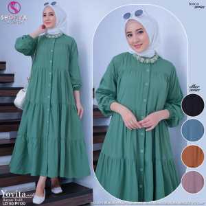 Midi Dress Susun Yovita Bahan Katun Rayon Twill Pakaian Remaja Muslimah