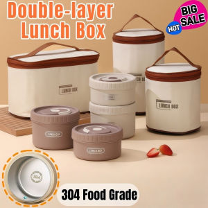 304 Stainless Steel 2 Layer Portable Bento Lunch Box with Bag Thermal Keep Warm 4h Leak-Proof