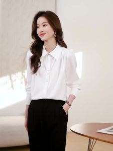 AMMIN 2025 Spring and Autumn New Fashion Chain Collar Long Sleeve Commuter Chiffon Blouse for Women Korean Style Hidden Single-Breasted Professional Elegant Blouse