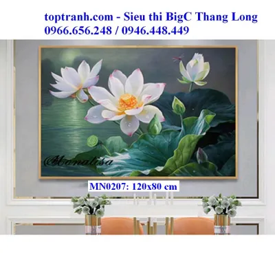 Tranh thêu chữ thập cành hoa sen trắng MN0207 120x80 cm chưa thêu