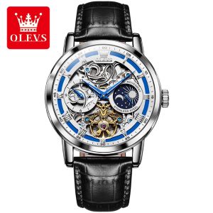 OLEVS 6670 Luxury Brand Men Style Fashion Skeleton Mechanical Watch Genuine Leather Belt Automatic Silver Hollow Out