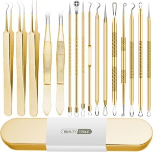 Blackhead Remover Tool 16 PCS Pimple Popper Tool Kit Tweezers Set for Eyebrows Hair Removal Pimple Blemish Acne Comedones Extractor Whitehead Cyst Removal Tool for Nose Face Beauty Tools (Golden)