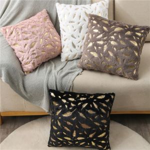 Decorative Christmas Throw Pillow Covers Plush Faux Fur with Gold Feathers Gilding Leaves Cushion Covers
