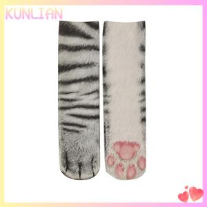 [KUNLIAN] Creative Animal Foot Printed Women Middle Tube Socks Cartoon Cat Tiger Duck Claws Ladies 3D Print Funny Animal Middle Socks