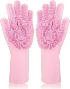 Silicone Dishwashing Gloves Rubber Scrubbing Gloves Sponge Cleaning Brush for Dishes Housework Kitchen Car and Pets-( 1 pair is 2pcs)