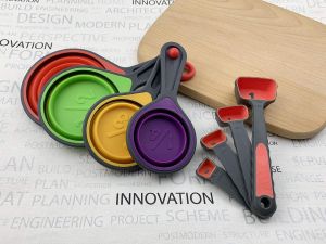 Measuring Cups and Spoons set Collapsible Measuring Cups 8 piece Measuring Tool Engraved Metric/US Markings for Liquid & Dry Measuring Space Saving BPA Free Silicone Colorful