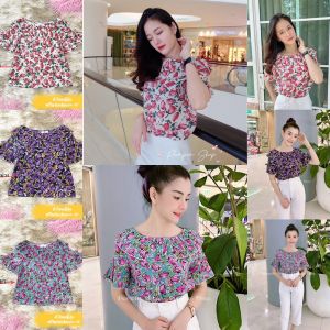เสื้อลายดอกไม้ปกพลีทแขนระบายน่ารัก
