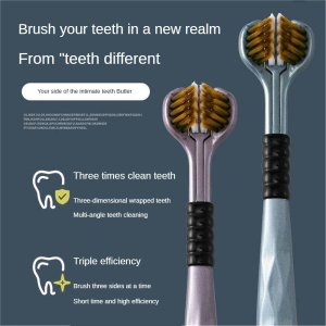 2pcs 3D Adult 360° Wraparound Cleaning Three Sided Soft Toothbrush Three Head Toothbrush