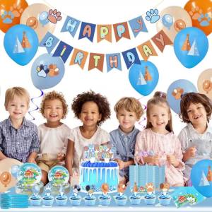 Blue Dog Birthday Decorations for 20 Guests - Blue Birthday Party Supplies Banner Tablecloth Balloons Plates and Napkins Fork Cake Toppers Paper Food Trays