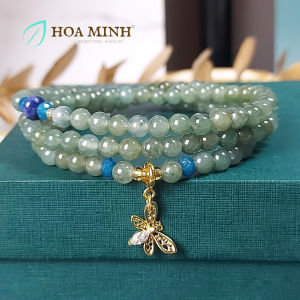 Vòng chuỗi 108 hạt đá Cẩm Thạch dầu size hạt 5.3 li phối charm bướm đính đá xinh thời trang | Hoa Minh Gem