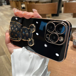 Silicone Phone Case for IPhone 15 14 13 12 11 Xs Pro Max X XR 7 8 Plus Luxury Creative Tide Bear Tie Rod Bracket Stand Holder Soft Casing Cover I2-3