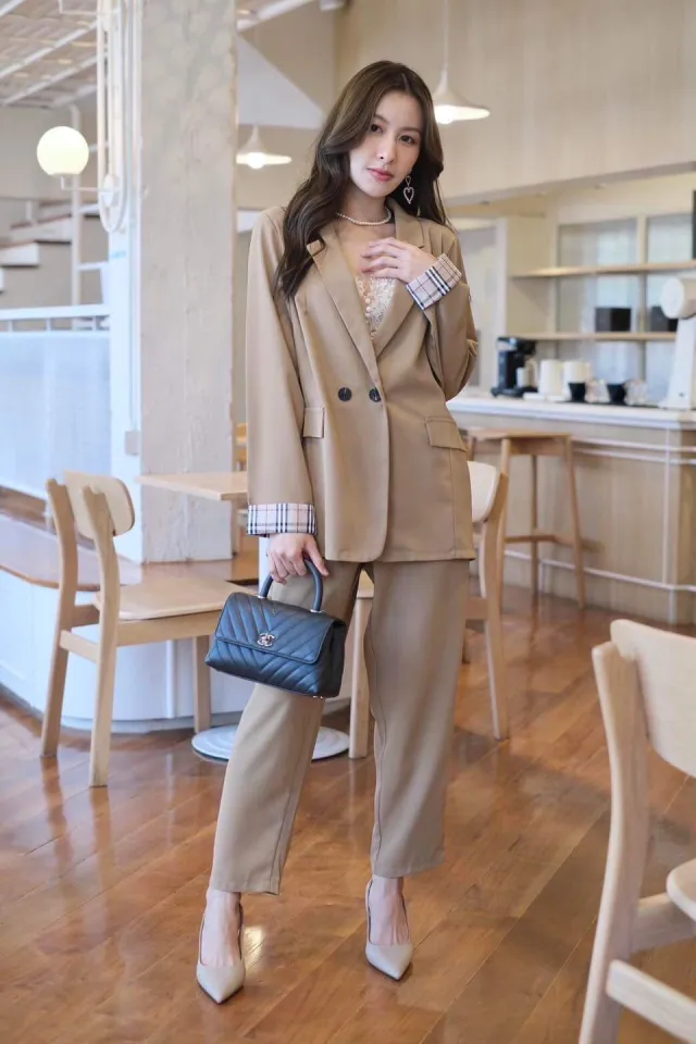 baao Long Sleeve W/Check Blazer +Pants 2in1 Coordinates Set Office Wear For  Women terno