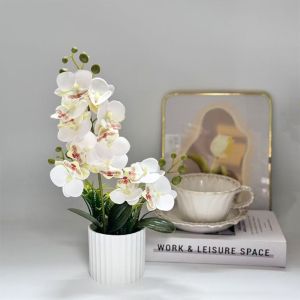 MAKERVY White Flower Pot Simulated Butterfly Orchid Faux Flowers DIY Plastic Fake Flower  Multi-Bloom Artificial Orchid Bonsai Home Decor