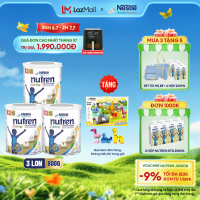 Combo 3 Lon Thực Phẩm Dinh Dưỡng Y Học Nutren Junior Thụy Sĩ hỗ trợ tăng cân và tiêu hóa Cho Bé Giai Đoạn 1-10 800g tặng Bộ đồ chơi xếp khối hình thú