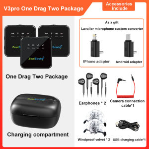 Zealsound V3Pro ไมโครโฟนสำหรับ iPhone แอนดรอยด์ไร้สายลาวาเลียร์มืออาชีพพร้อมเคสชาร์จสำหรับวิดีโอสัมภาษณ์พ็อดคาสท์ Vlog