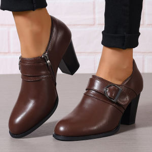 IELGY 2024 Plus Size Womens Fall Winter Leather Shoes Fashion Shiny Leather Black Metal Buckle Design