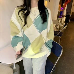 Sweaters Wanita Lengan Panjang Kaos Longgar Kotak-kotak Besar Atasan Bergaris Rajutan Pullover