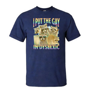 [Local Stock] HBESTY  Rainbow Text Raccoon Funny Slogan Print T-Shirt Men Cotton Crew Neck Summer Daily Casual Humor Short Sleeve Tee