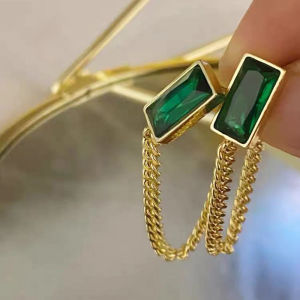 New Classic Geometric Rectangle Green Crystal Stainless Steel Chain Tassel Earrings Girls Unusual Accessories For Woman