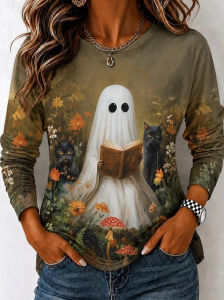 WISh  Womens casual round neck long sleeve pullover T T shirt    Halloween-themed printed long-sleeve top