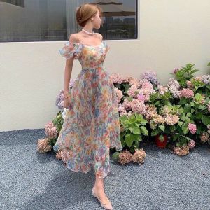Đầm nữ thời trang mặc đi chơi đi biển chất voan hoa hai dây cúp ngực tay ngắn hở lưng thắt dây ôm eo váy maxi xoè hai lớp