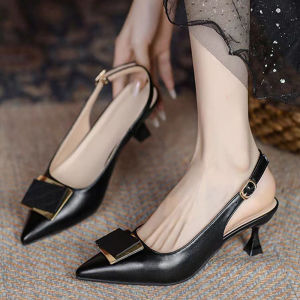 Korean heels Black Pointed Toe Leather  Heels for Women Stiletto Office Sandals Commuter Pumps