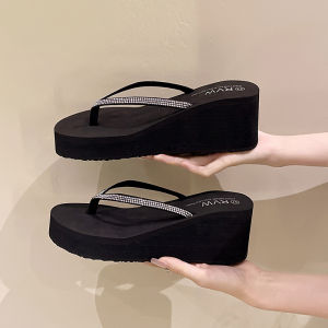 [Free Shipping] Rhinestone fashion flip-flops with thick soles for women suitable for outdoor wear in summer mid-heel non-slip wear-resistant wedge sandals beach shoes slippers