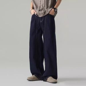 Mens Blue Vintage Baggy Jeans Relaxed Straight Y2K Retro Streetwear Curved Hem Denim Pants