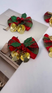 5Pcs Christmas Bowties with Small Bells Xmas Tree Garland Hanging Pendant Mini Bowknot Wreath Ornament DIY Gift Package Decor Home New Year Party Decoration