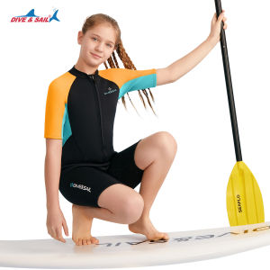 (แถมหมวก) ชุดว่ายน้ำเด็กหญิง ของเด็กโต เก็บอุณหภูมิ 2.5MM เด็กโต  G.Mดำ-ส้ม สั้น