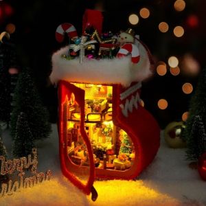 BLISSFUL Handmade Christmas Stocking with Furniture Wooden with LED Lights DIY Christmas Cottage Model Funny Glowing Miniature House Kit For Coffee Table