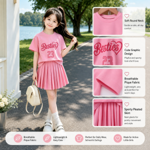 AILEBE Kids Sets Pleated Skirt Baseball Jersey Style Top Skirt Set Breathable Lightweight Pique Fabric Summer Wear Sporty Casual OOTD Pambahay For Girls 1-10 Years