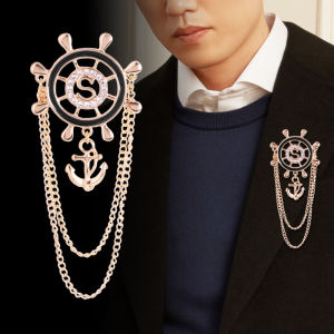 1Pc New Navy Style Rudder Anchor Design Brooch Mens Personalized Tassel Suit Classic Accessories Graduation Brooches Gift