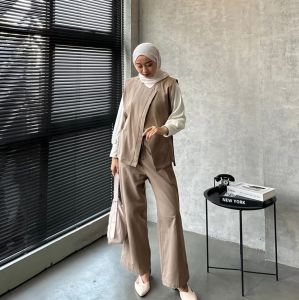 Minju Oneset Vest+Celana HW Bahan Rami Stelan Wanita Kekinian Setcel Terbaru Oneset Rompi Viral COD