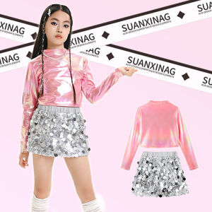 LOlanta 2Piece Metallic Dance Tops Sequins Skirts Set for Girls Jazz Dance Outfit Hip Hop Street Dance Trendy Clothes Performance Costume