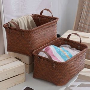 ANHEY Brown Laundry Basket 38cm Square Dirty Clothes Basket Portable Imitatio Weaving Hand Woven Storage Basket for Towel