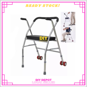 Stainless Steel Walker Walking Aid Frame Medical Crutch With Seat & Wheel Foldable Elder Walker
