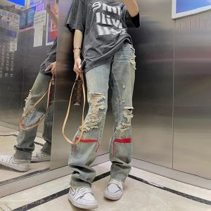 Jeans Wanita Robek Lurus Tipis Celana Panjang Longgar Jalanan Gaya Hip Hop Retro