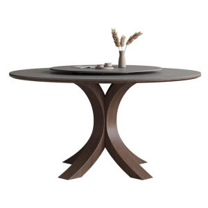 Slate Dining Table Matte Round with Turntable White Wax Wood Solid Wood