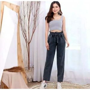 Boyfriend Jeans Giska Snow: Celana Jeans Wanita Pinggang Karet